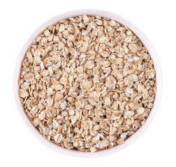 Oatmeal in white round plate, top view, close-up, transparent background