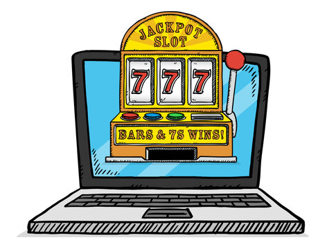 Hand-drawn illustration of jackpot machine displayed on laptop screen.