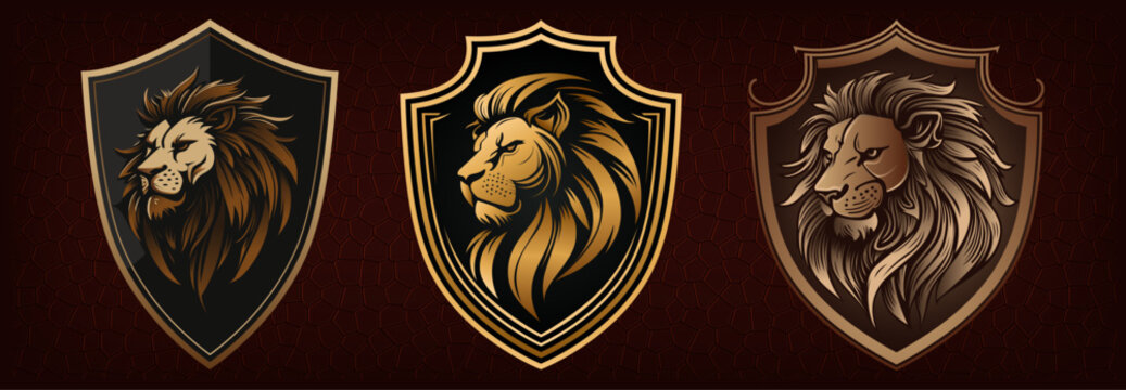Luxury lion shield collection, lion head mascot, abstract lion logo set, vector design