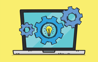 Hand-drawn vector illustration depicting a gear wheel and the light bulb inside it. The objects are displayed on the tablet screen.