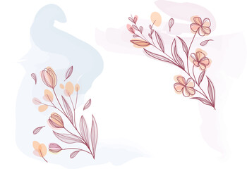 Natural hand painted floral background. Botanical pink vector background. Luxurious wallpaper with watercolor pink and earth tones, leaves, flowers, tulips and daisies. Minimal design for presentation