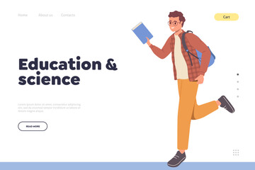 Education and science landing page with happy young male student rushing to get knowledge