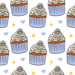 Pattern with cupcakes on a white background. Sweet pastry decorated with a flower. Seamless pattern. Vector illustration