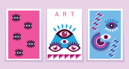 Modern abstract   set  cards esoteric eye , All-seeing eye  Magic, occult symbol sign , sacred art  Template design decor cover, poster, banner  Vector graphic background illustration