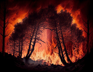 Stylized conceptual image of a forest fire. Generative AI