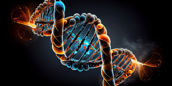 DNA molecule, in a transparent sphere, on a dark background. Generative AI