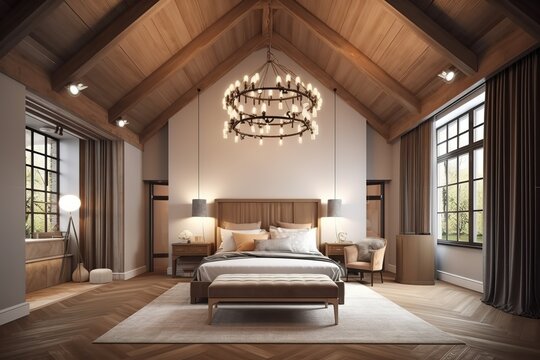 Beautiful furnished master bedroom interior in luxury home. Features vaulted ceiling with wood beams and chandelier. Generative AI