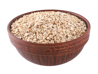 Oatmeal in a brown round plate, close-up, transparent background
