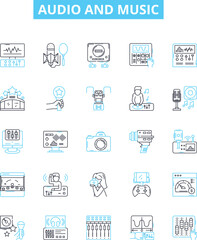 Audio and music vector line icons set. Music, Audio, Sound, Melody, Beat, Adaptation, Recording illustration outline concept symbols and signs