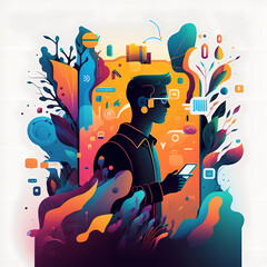 colorful abstract illustration of a man with glasses walking and thinking about app design, listening to music on his mobile device, made with generative ai