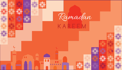 Happy Ramadan Kareem set cards Islamic template design with Crescent, mosque, minaret, Ramadan traditions Islamic Holy Month Beautiful round and square patterns Vector vintage art  illustration