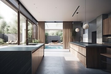 Interior design of a kitchen in a modern house with an open terrace and swimming pool, Generative AI