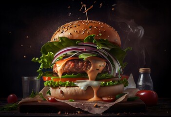Delicious juicy pork bun burger sandwich with onions, tomatos, lettuce. Hamburger for poster or menu. Generative AI