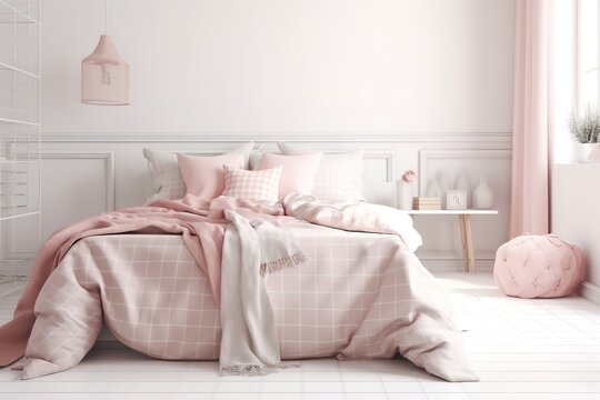 Light, cute and cozy home bedroom interior with unmade bed, pink plaid and cushions on empty white wall background. 3D rendering, Generative AI