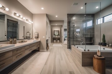Master bathroom in new luxury home with double vanity and view of walk - in closet, Generative AI
