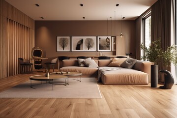 Naklejka na ściany i meble Modern living room interior with brown wooden floor and wall, Generative AI