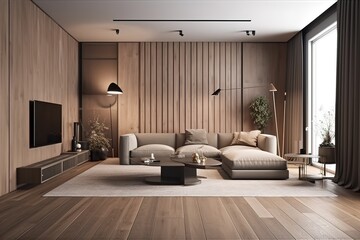 Modern japandi  living room interior with brown wooden floor and wall, Generative AI