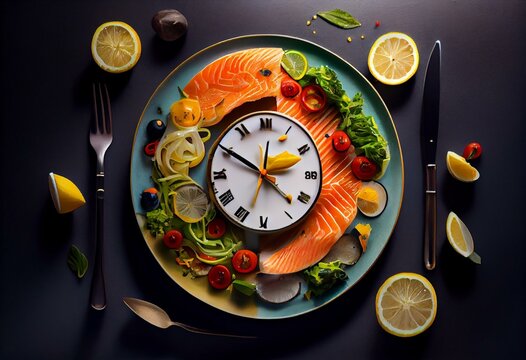 intermittent fasting concept plate as a clock with salad, salmon, fish and vegetables, tomato, lemon. Generative AI