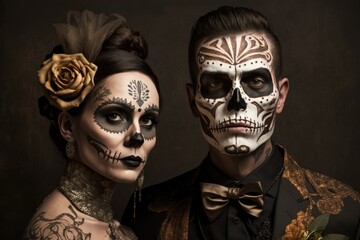 Dia de los muertos, male and female catrina: Catrina and Catrin wearing sugar skull make up. Generative AI