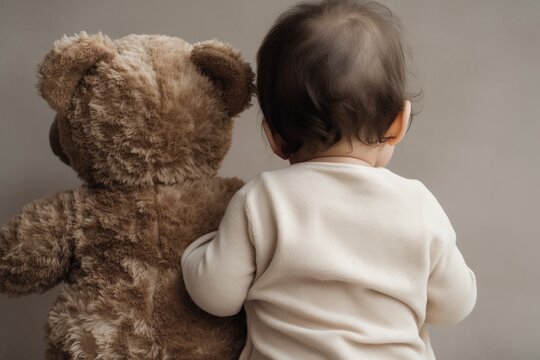 Rear view of a cute baby sitting next to his plush teddy bear. AI generative