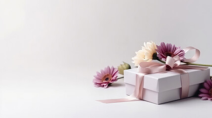 Obraz na płótnie Canvas Greeting card with flower and gift box. Illustration AI Generative.