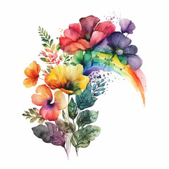 Watercolor rainbow flowers illustration isolated on white background. Colorful wildflowers. Ai generated
