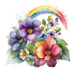 Obraz na płótnie Canvas Watercolor rainbow flowers illustration isolated on white background. Botanical art print. Ai generated