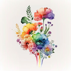 Watercolor rainbow flowers illustration isolated on white background. Botanical art print. Ai generated