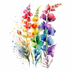 Watercolor rainbow flowers illustration isolated on white background. Botanical art print. Ai generated
