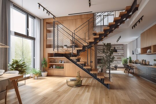 Two - floor open space apartment with wooden stairs and hardwood floor, Generative AI