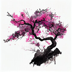 Sakura - Japanese cherry tree blossom. Japanese calligraphy, ink painting. Generative AI Digital Illustration