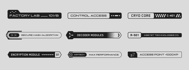 Cyberpunk decals set. Set of vector stickers and labels in futuristic style. Inscriptions and symbols for danger, attention, Caution, etc. Buttons for websites, mobile applications.