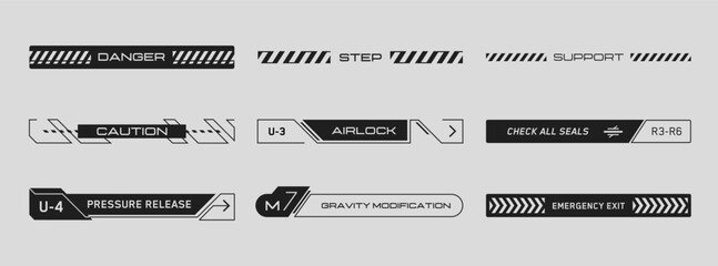 Cyberpunk decals set. Set of vector stickers and labels in futuristic style. Inscriptions and symbols for danger, attention, Caution, etc. Buttons for websites, mobile applications. - obrazy, fototapety, plakaty