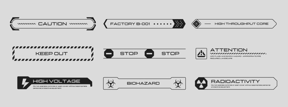 Cyberpunk decals set. Set of vector stickers and labels in futuristic style. Inscriptions and symbols for danger, attention, Caution, etc. Buttons for websites, mobile applications.