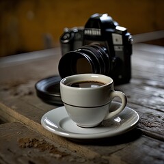 Camera with coffee in cafe