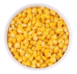 Corn in a white plate, top view, transparent background