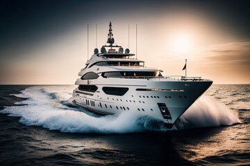 Millionaire's private yacht at sea in the waves with atmospheric lighting. AI generative