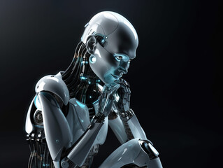 Naklejka premium Thinking cyborg. Extremely detailed futuristic robot or cyborg head in profile. 3D Render.