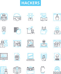 Fototapeta premium Hackers vector line icons set. hacking, cracker, malware, virus, exploit, phishing, cryptovirus illustration outline concept symbols and signs