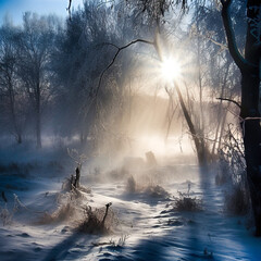 Fototapeta premium A misty snowy forest in winter, beautiful morning light - generative ai