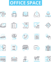 Office space vector line icons set. Workplace, cubicle, desk, meeting, workspace, file, chair illustration outline concept symbols and signs