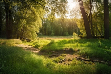 Fototapeta na wymiar Beautiful warm summer or spring widescreen natural landscape of park with a glade of fresh grass. generative ai 