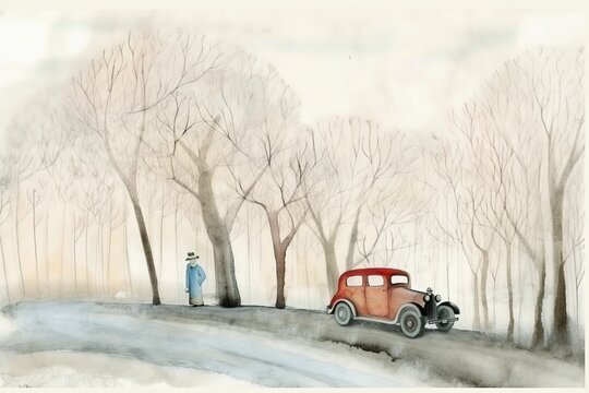 Image of a Lowry inspired scene. Depicting a elderly man stood by a vintage red car.