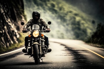 Naklejka premium A biker enjoys a fast motorcycle ride in street conditions. AI generative