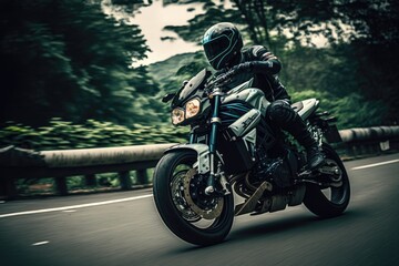 Fototapeta na wymiar A biker enjoys a fast motorcycle ride in street conditions. AI generative