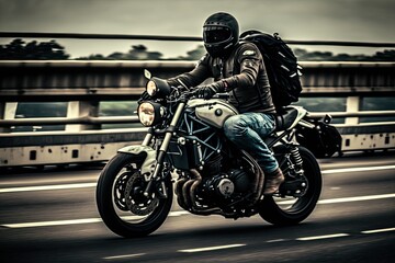Fototapeta na wymiar A biker enjoys a fast motorcycle ride in street conditions. AI generative