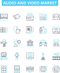 audio and video market vector line icons set. Audio, Video, Market, Multimedia, Sound, Streaming, Digital illustration outline concept symbols and signs
