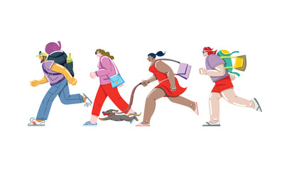 People are on the move, four characters are running. Vector graphics.