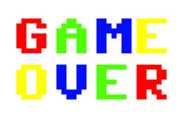 Simple plain isolated Game Over screen, with carousel colors (red, green, blue, yellow). Small characters.
