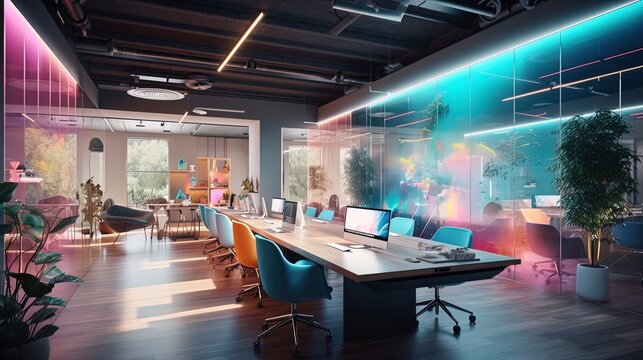 Futuristic Office Design: Vibrant and Innovative Workspaces of Tomorrow in 8K created with generative ai technology